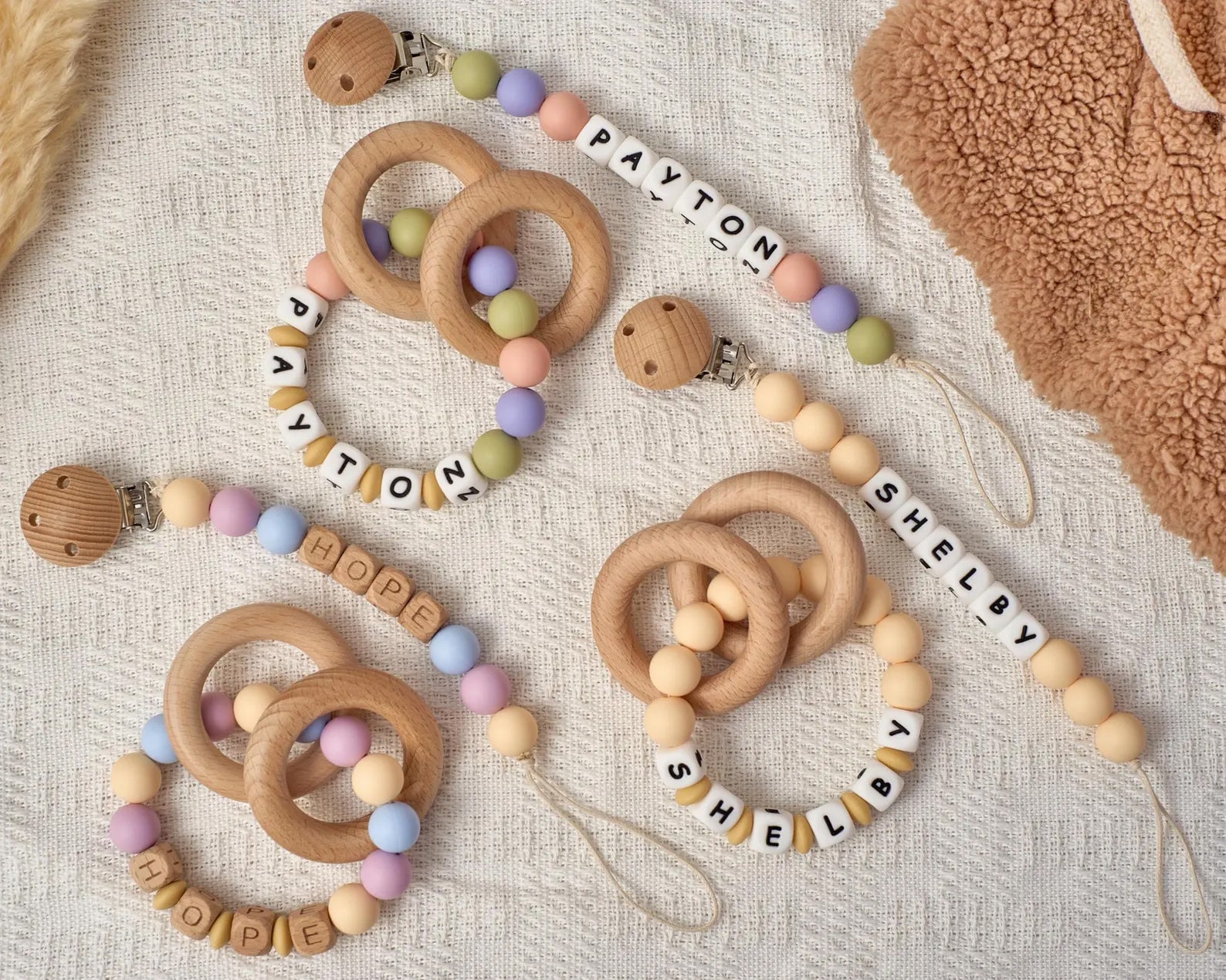 Personalized Pacifier Clip and Baby Rattle Set | Custom Monogram Gift