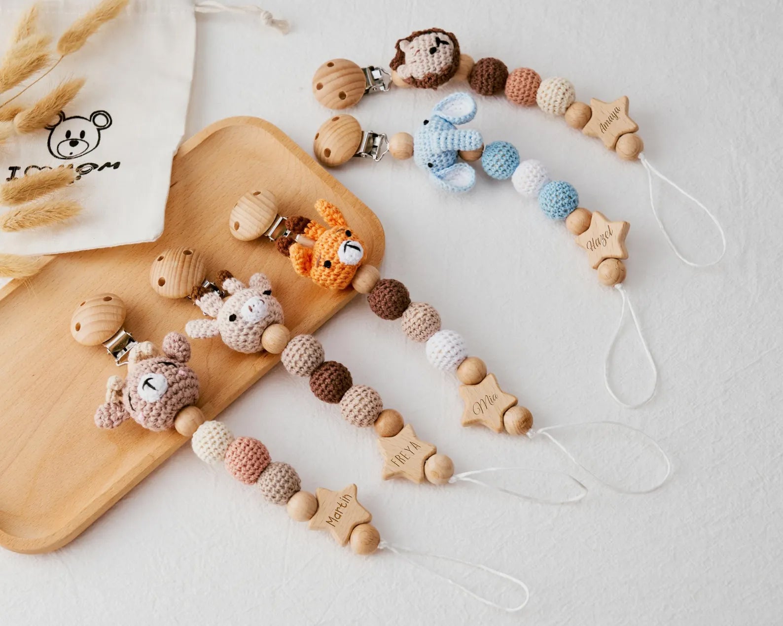 Personalized Pacifier Clip with Crochet Animals | Custom Baby Gift