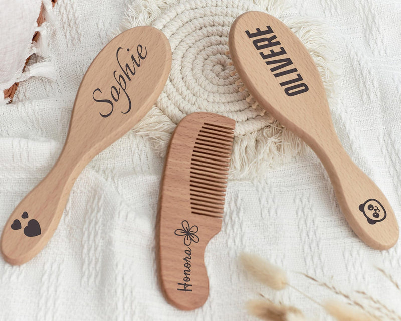 Personalized Wooden Baby Hairbrush Set with Name Engraving