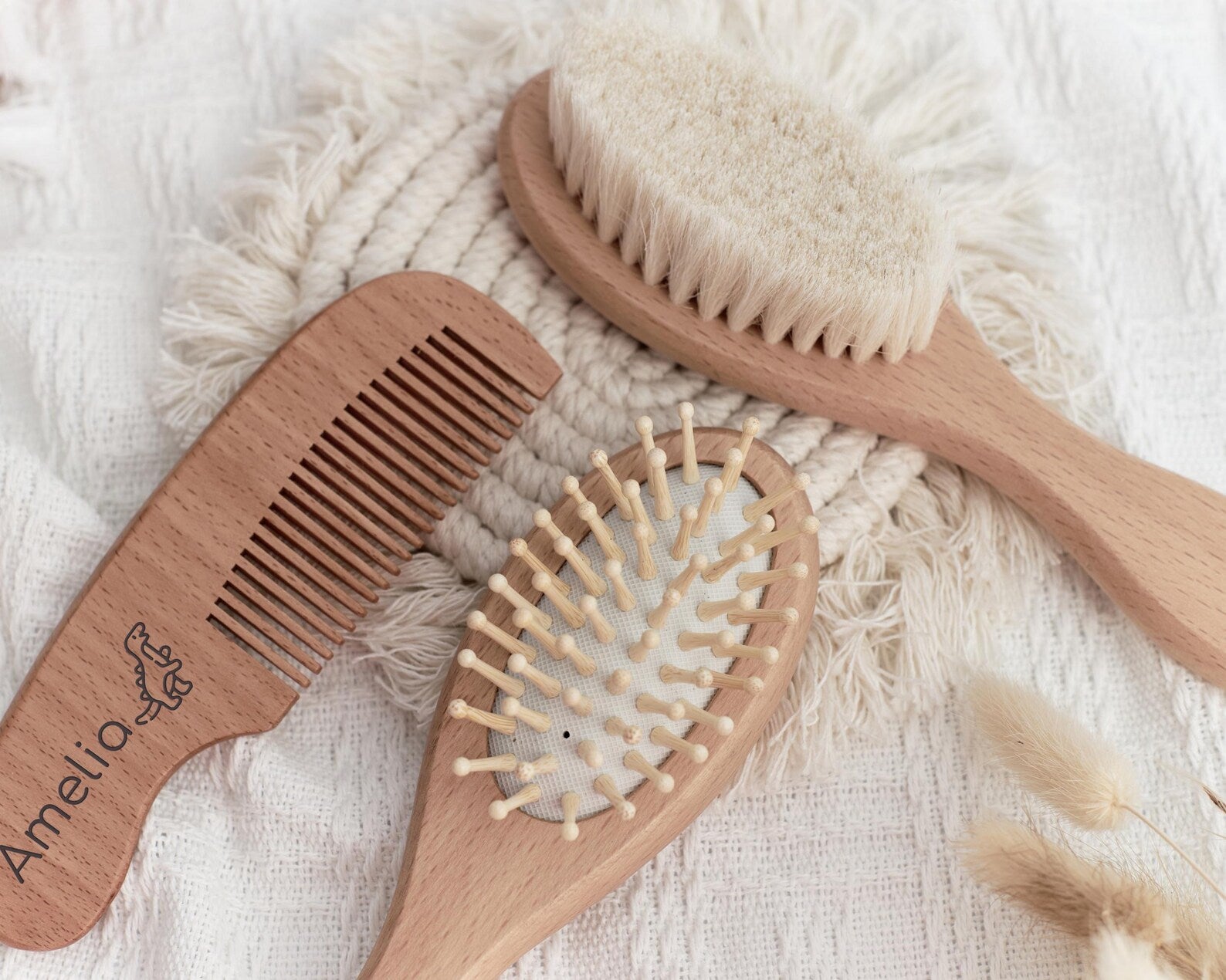 Personalized Wooden Baby Hairbrush Set with Name Engraving