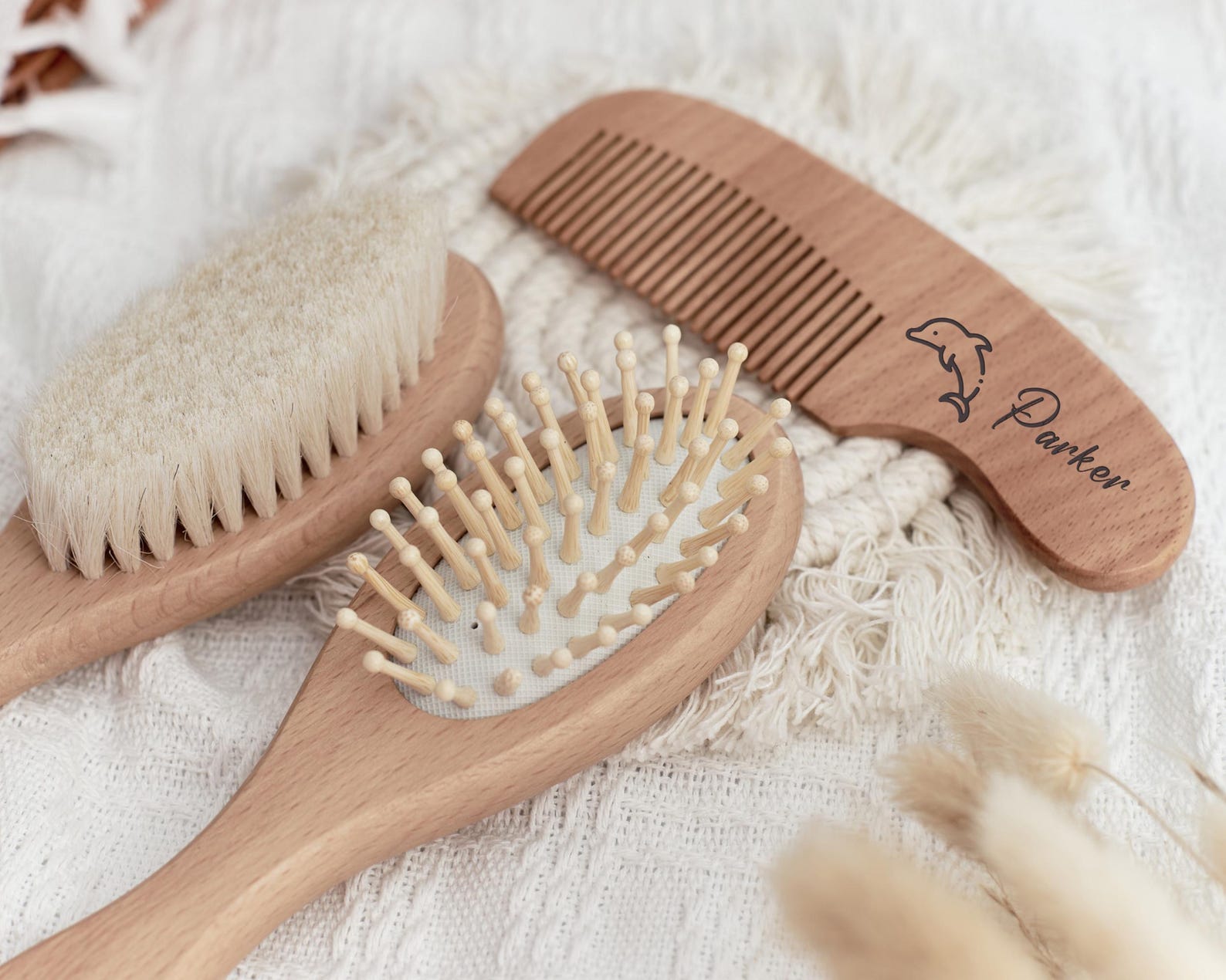 Personalized Wooden Baby Hairbrush Set with Name Engraving