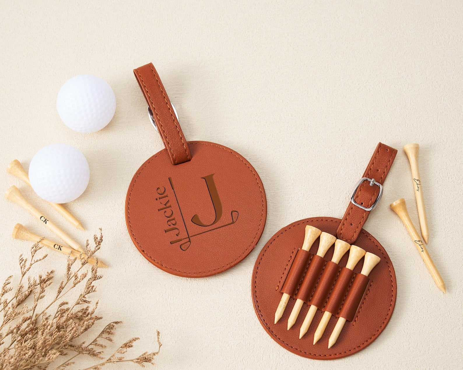 Personalized Golf Bag Tag for Dad | Custom Engraved Leather Tee Holder | Father's Day Golf Gift