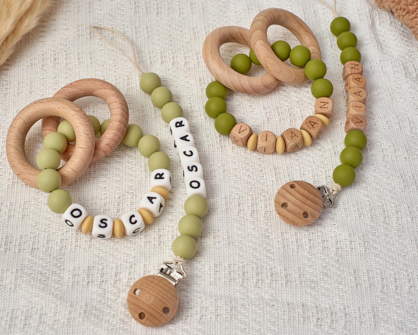 Personalized Pacifier Clip and Baby Rattle Set | Custom Monogram Gift