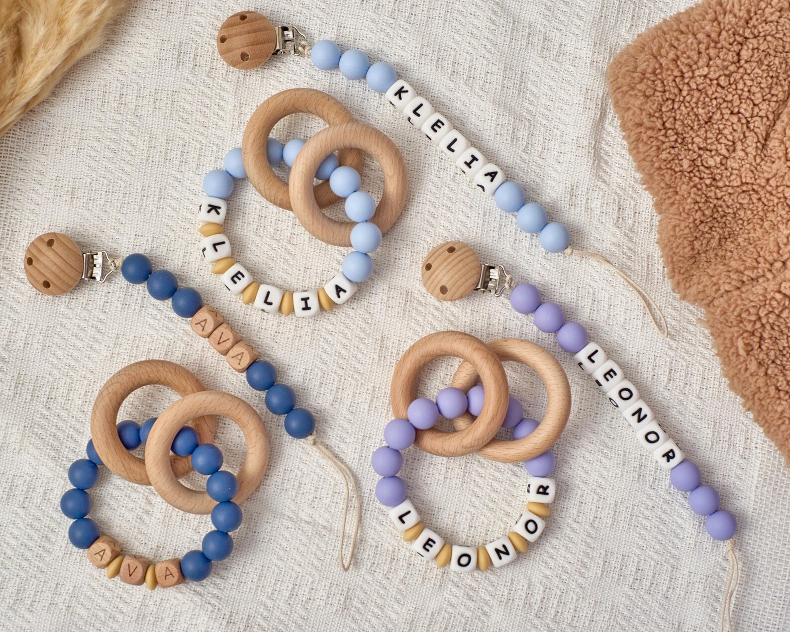 Personalized Pacifier Clip and Baby Rattle Set | Custom Monogram Gift