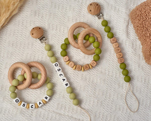 Personalized Pacifier Clip and Baby Rattle Set | Custom Monogram Gift