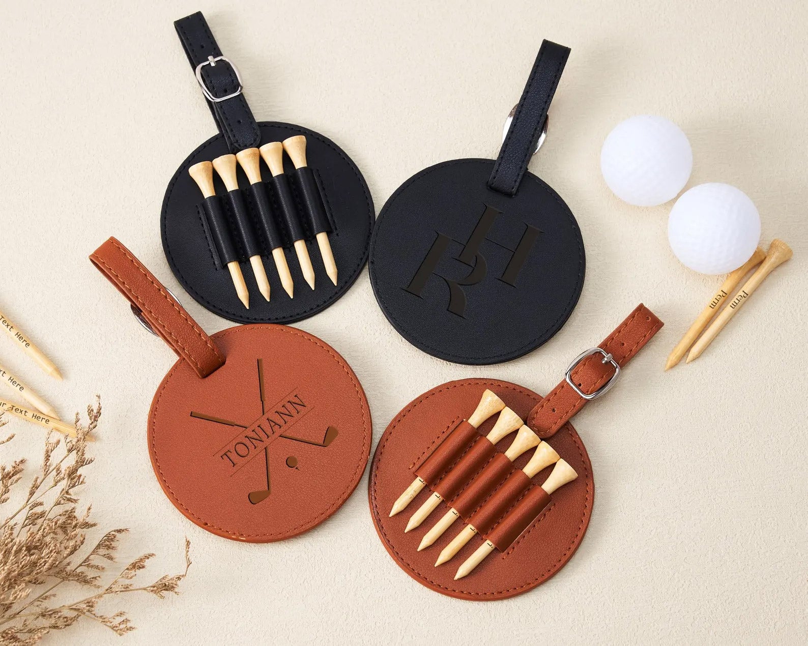 Personalized Golf Bag Tag for Dad | Custom Engraved Leather Tee Holder | Father's Day Golf Gift